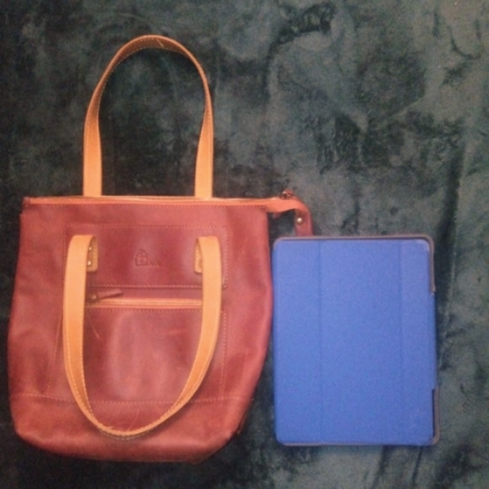 Babak Two Toned Square Leather Tote, Reddish Brown & Tan - Picture 6 of 15